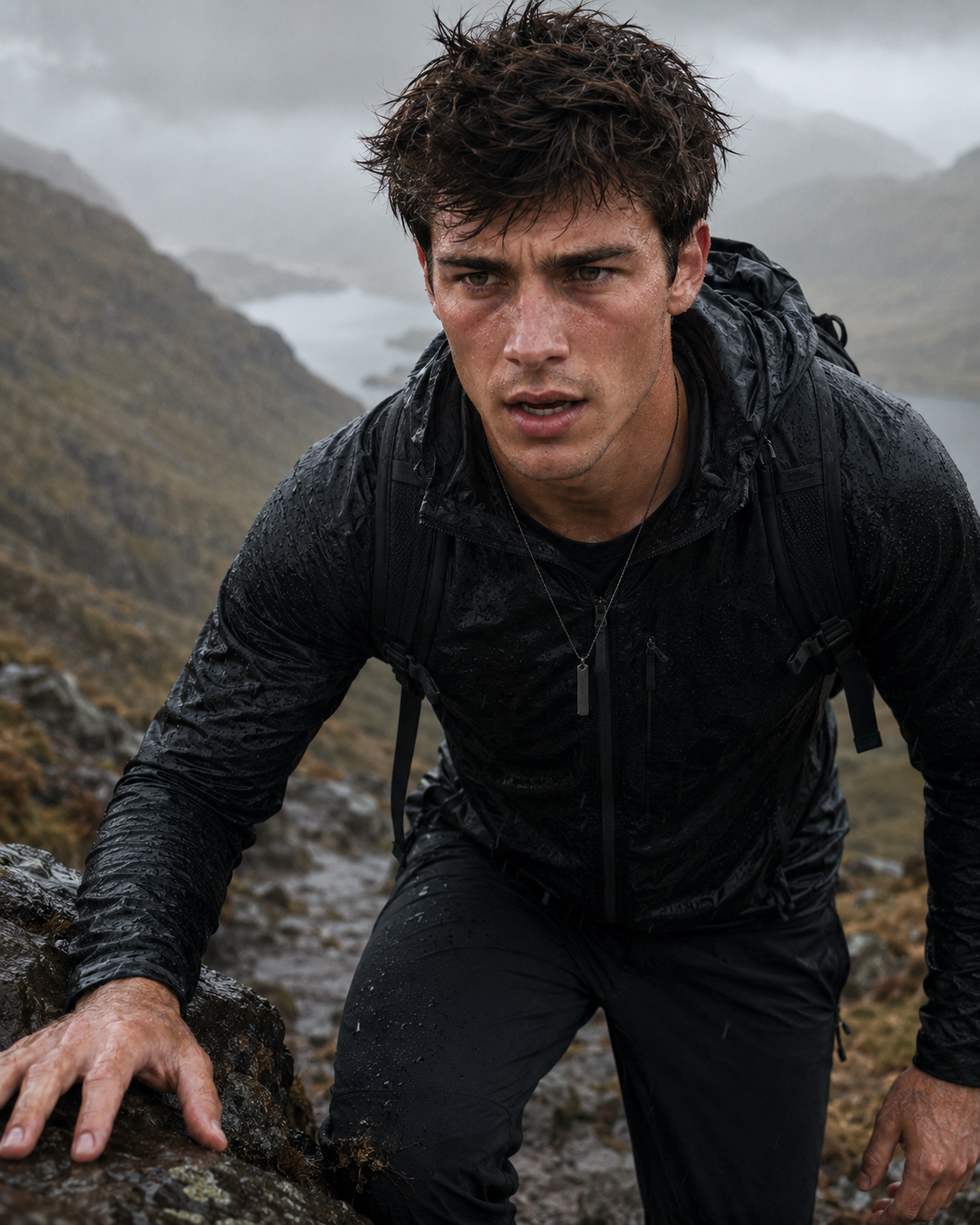 Hiker wearing the Black Building Block pendant