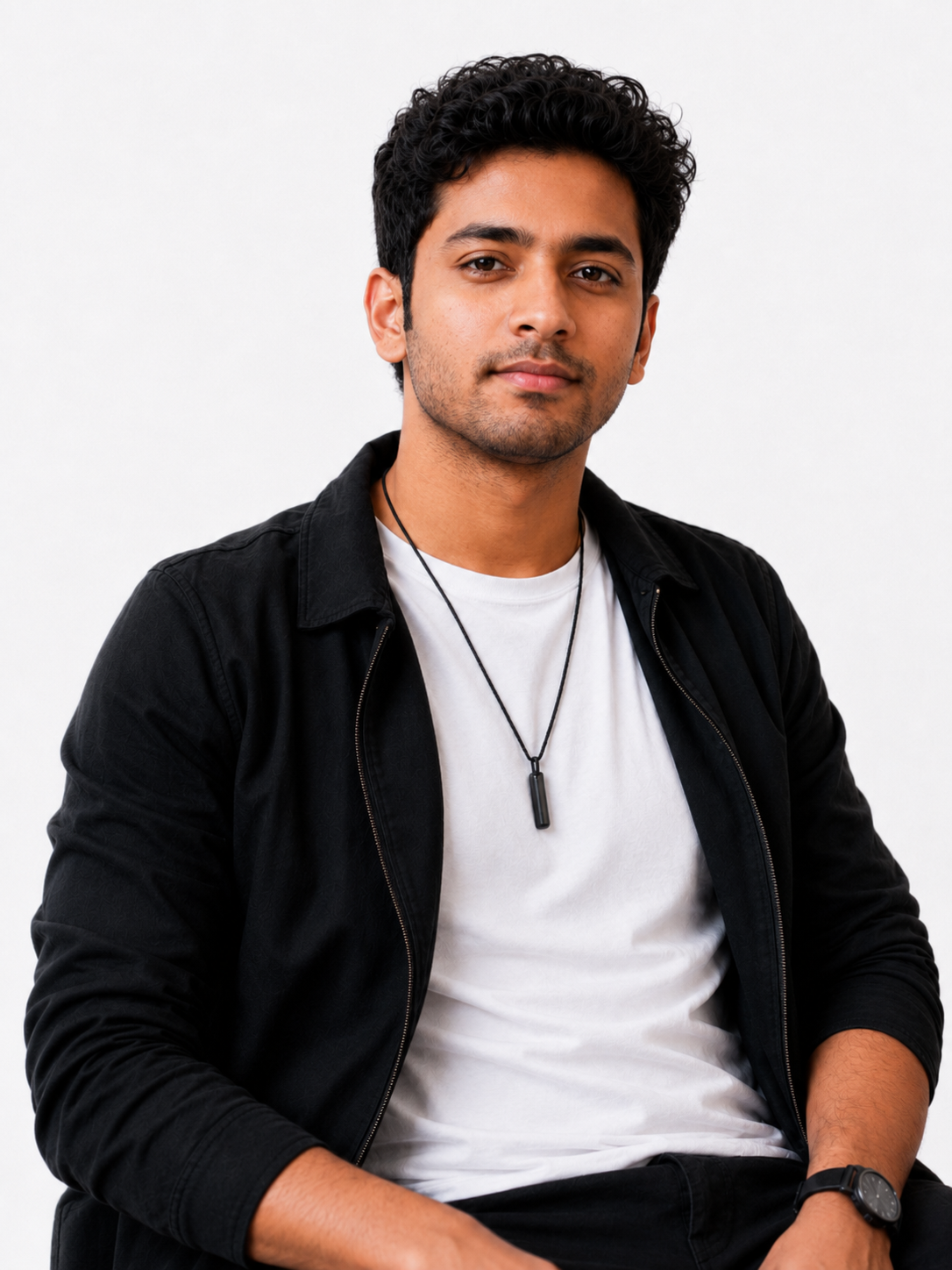 Indian male model wearing the Black Building Block pendant