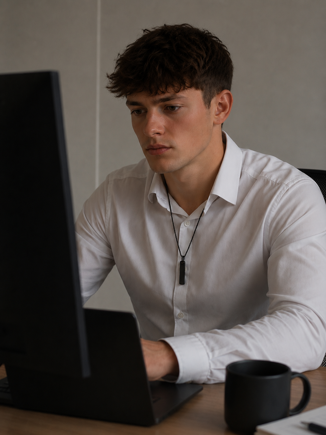 Office male wearing the Black Building Block pendant